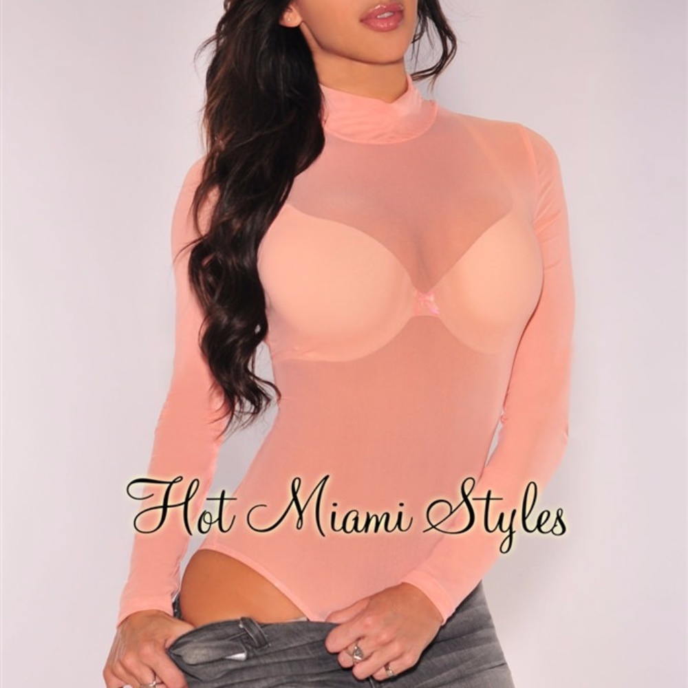 Pink Mesh Unlined Mock Neck Bodysuit